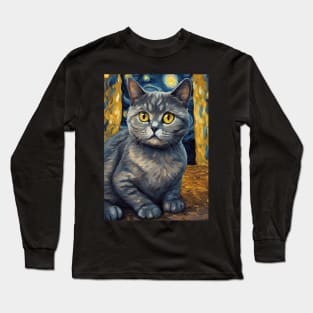 British Shorthair Cat Breed Portrait Painting in a Van Gogh Starry Night Art Style Long Sleeve T-Shirt